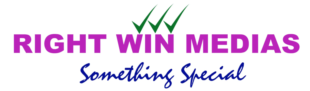 Logo with the text "Right Win Medias" in purple and "Something Special" in blue cursive below, with green checkmarks above.