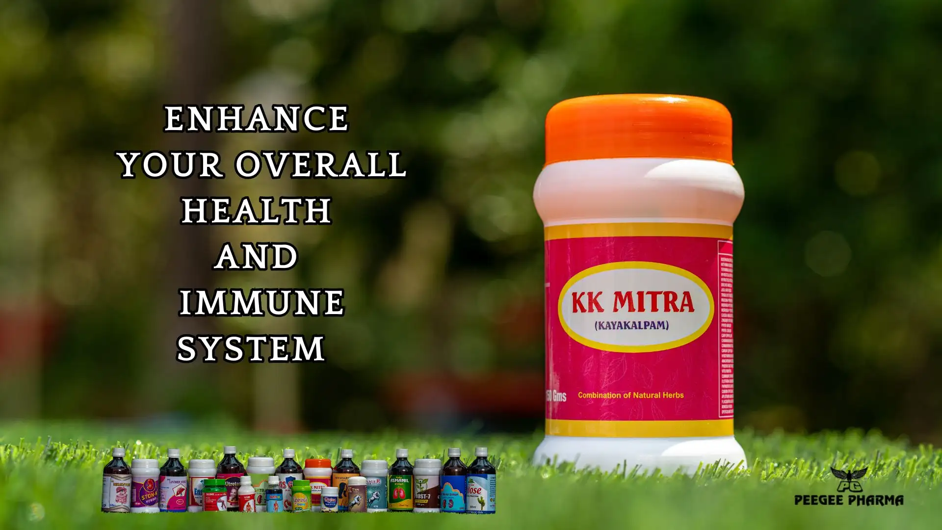 A bottle of KK Mitra herbal supplement on grass with the text "Enhance your overall health and immune system" beside it.