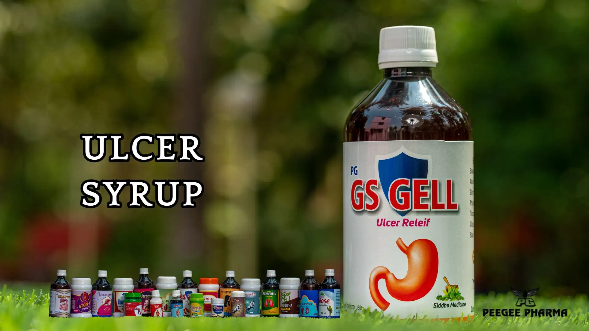 Bottle of GS Gell, an ulcer relief syrup, with 16 smaller medication bottles in the background and the text "ULCER SYRUP.