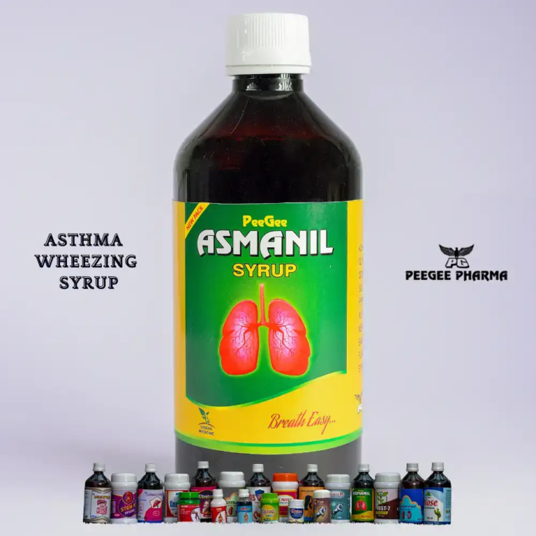 A large bottle of PeeGee Asmanil Syrup for asthma and wheezing. "Breathe Easy" text and PeeGee Pharma logo are visible.