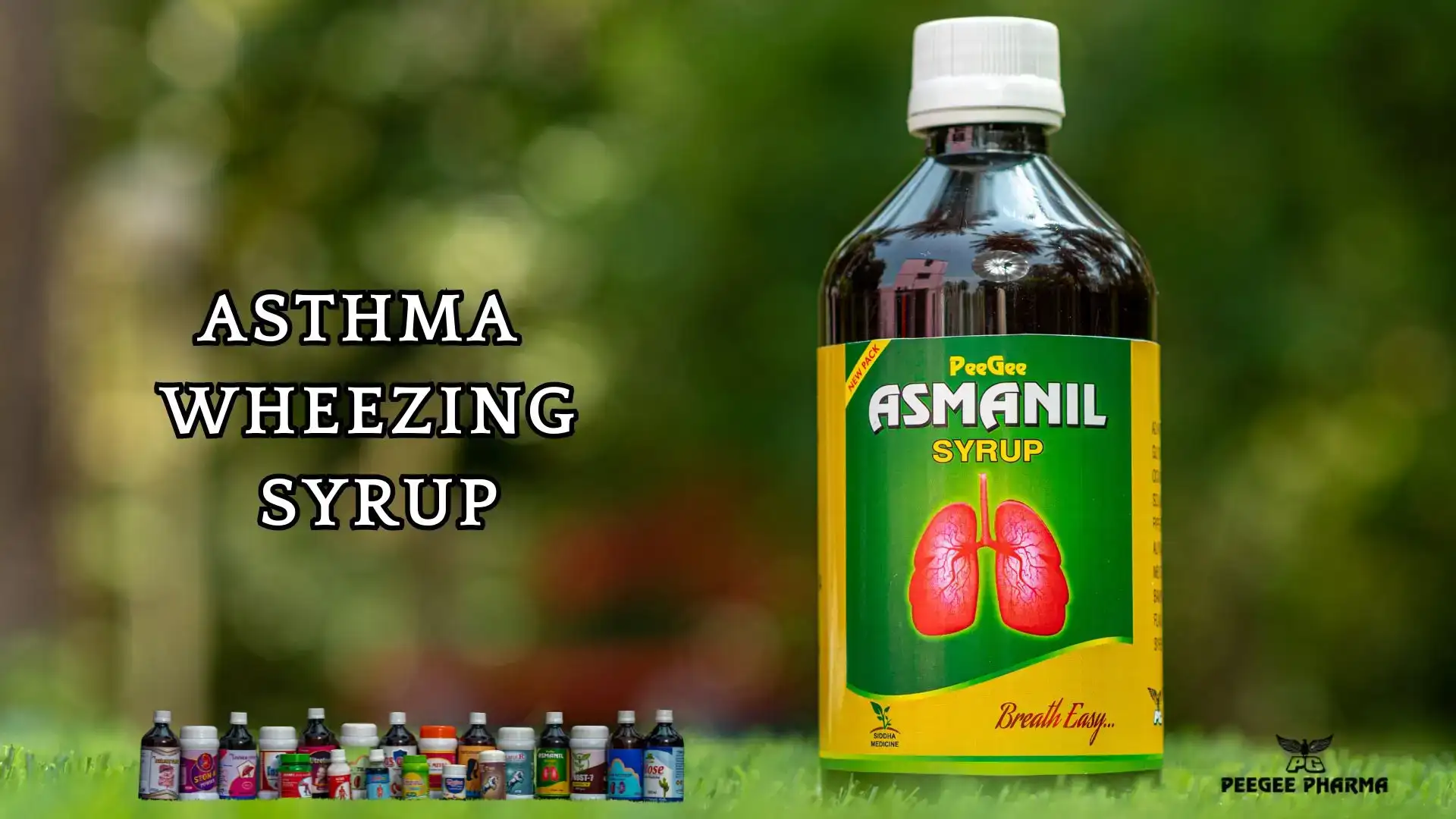 Bottle of PeeGee Asmanil Syrup with text "Asthma Wheezing Syrup" set against a blurred outdoor background.