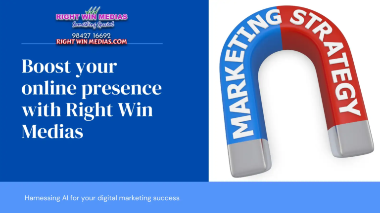 Graphic promoting Right Win Medias; a magnet labeled "Marketing Strategy" with text about boosting online presence.