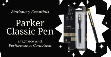 Parker Classic Pen in matte black packaging, with text "Elegance and Performance Combined" on a starry background.