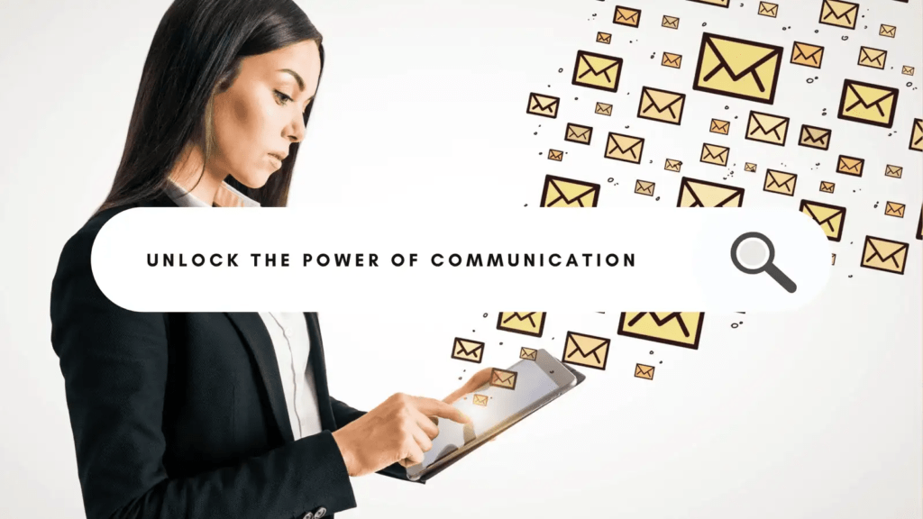 Appsumo Right Win Medias Woman using a tablet with email icons text Unlock the Power of Communication and a search icon