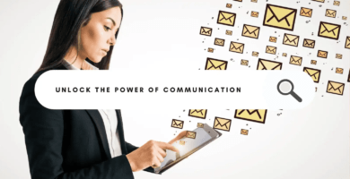 Woman using a tablet with email icons, text "Unlock the Power of Communication," and a search icon.