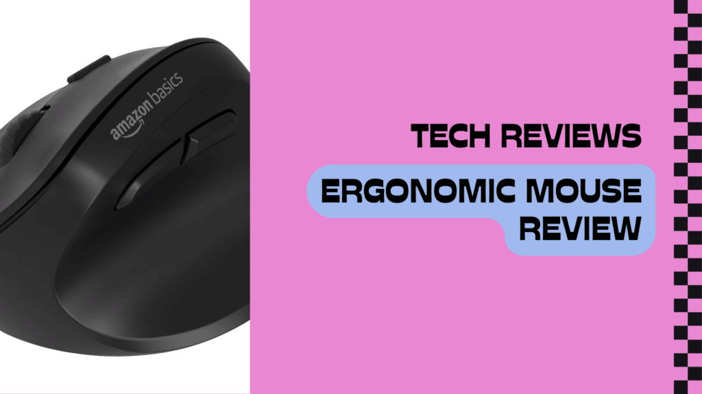 amazo Right Win Medias Black ergonomic mouse with buttons branded Amazon Basics next to text Tech Reviews Ergonomic Mouse Review on pink background