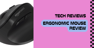 Black ergonomic mouse with buttons, branded "Amazon Basics," next to text "Tech Reviews: Ergonomic Mouse Review" on pink background.