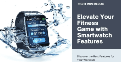 Smartwatch displaying heart rate and session time with water splash, promoting fitness features and workouts.