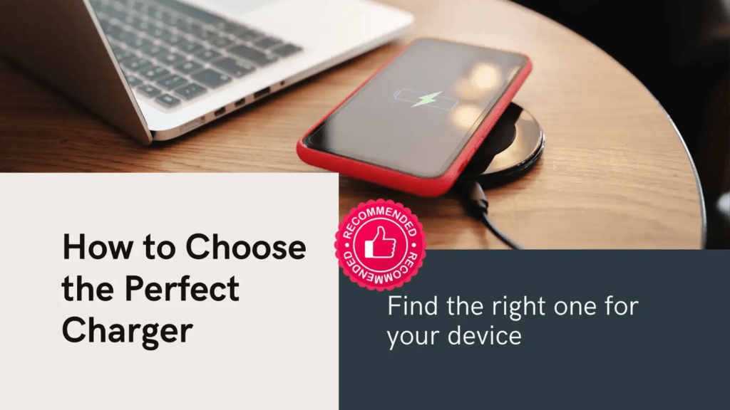 amazon rwm Right Win Medias Phone charging wirelessly on pad beside laptop with text How to Choose the Perfect Charger and Find the right one for your device