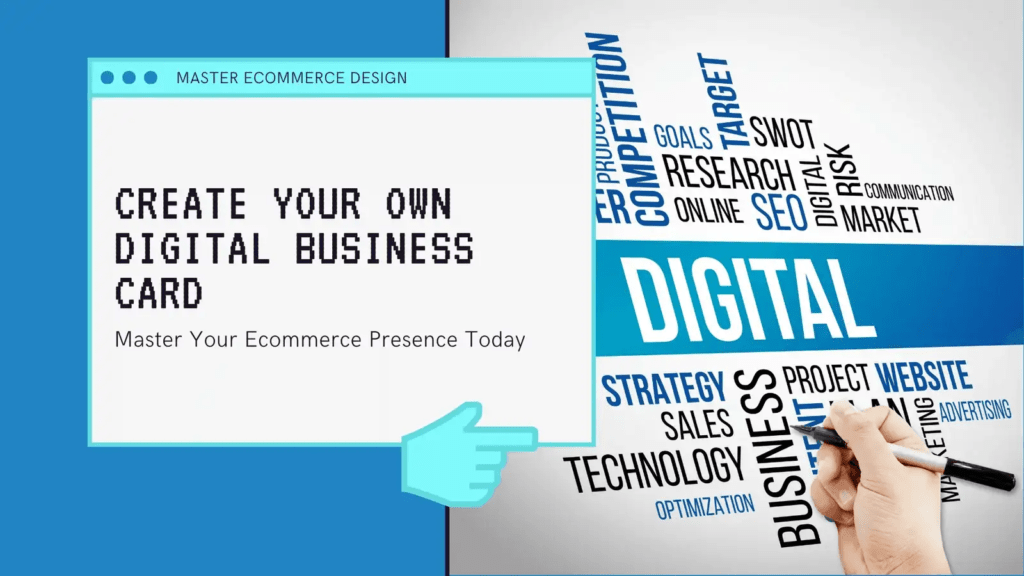 digi card Right Win Medias Digital business card creation with e commerce keywords like SEO strategy technology on a blue and white background