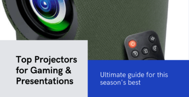 Projector lens and remote with text "Top Projectors for Gaming & Presentations" and "Ultimate guide for this season's best.