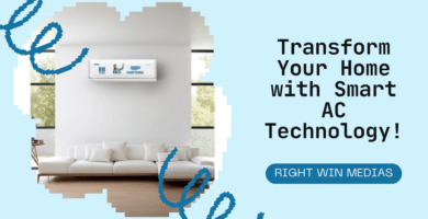 Living room with wall-mounted smart AC and caption "Transform Your Home with Smart AC Technology!