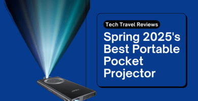 Pocket projector beaming light, labeled "Spring 2025's Best Portable Pocket Projector" by Tech Travel Reviews.